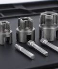 Heavy Duty Dual Function Pipe Threader Kit For Power Drill Cuts And Threads Half Through One Inch PVC Pipe With No Sweat Dead Easy Install Smooth Operation, featuring various sizes.