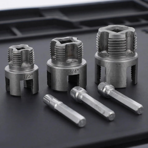 Heavy Duty Dual Function Pipe Threader Kit For Power Drill Cuts And Threads Half Through One Inch PVC Pipe With No Sweat Dead Easy Install Smooth Operation, featuring various sizes.