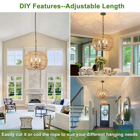Rustic Woven Pendant Light With Hemp Rope Finish For A Coastal Beachy Vibe 3 Light Metal Basket Fixture On Adjustable 39 Inch Chain