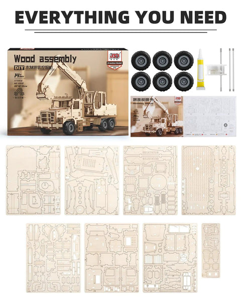 3D Wooden Excavator Puzzle Kit For Adults Build A Realistic Mechanical Model With 177 Laser Cut Parts viewed as parts layout