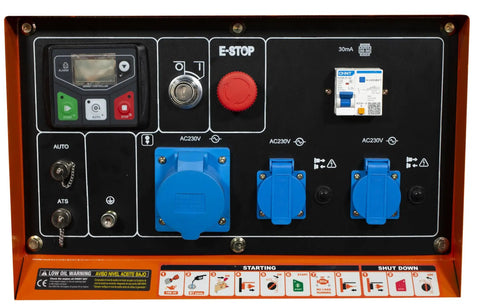 Control panel of a Black Heavy Duty 6300 Watt Diesel Generator Beast With Electric Start And Oil Shutoff, featuring start/stop buttons.