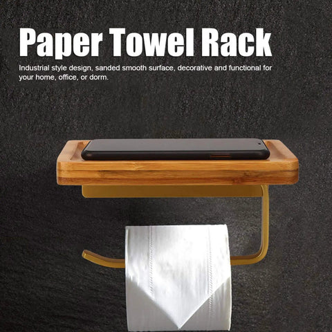 Straight Up Solid Wooden Bathroom Cell Phone Holder With Wall Mount Toilet Paper Stand And Premium Tissue Roll Dispenser, showing with smartphone and tissue.