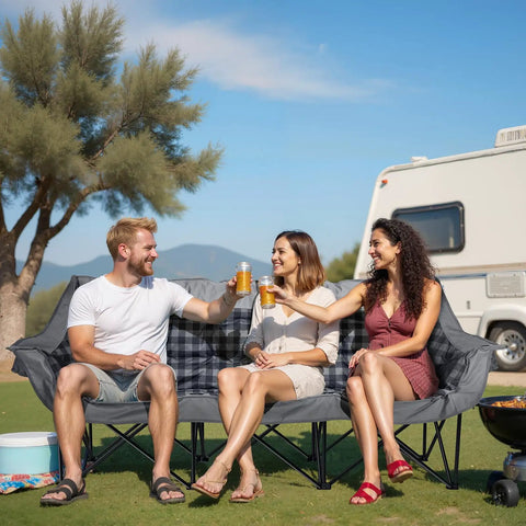 Three Person Padded Camping Chair Loveseat, Foldable Double Camp Couch For Adults with two cup holders outdoors