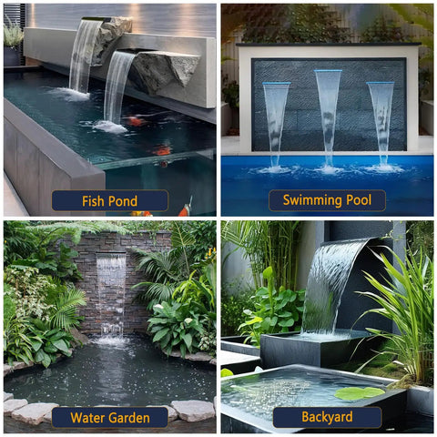 Pond Waterfall Kit With LED Lights And All In One Stainless Steel Spillway, 660 GPH Pump, Outdoor Fountain in Various Settings