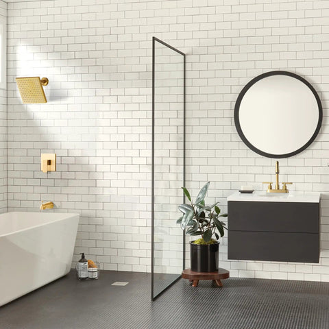 Gold 4 Inch Center Set Bathroom Faucet With Pop Up Drain, modern bathroom view with brushed gold fixtures and white tiles