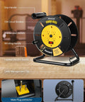 Heavy Duty Extension Cord Reel With Four Grounded Outlets Open Retractable Cord Winder For 12/3 14/3 16/3 Gauge Cords Hand Crank Wind System 13A Circuit Breaker Tangle Free Storage Yellow ETL Listed, showing reel with grip handle and circuit details