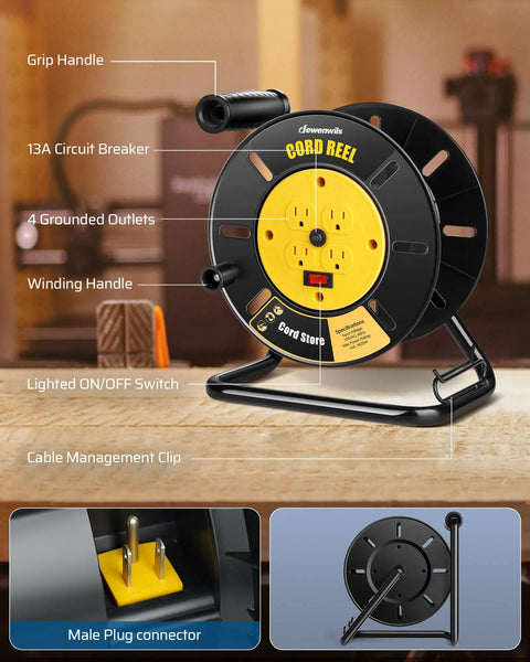 Heavy Duty Extension Cord Reel With Four Grounded Outlets Open Retractable Cord Winder For 12/3 14/3 16/3 Gauge Cords Hand Crank Wind System 13A Circuit Breaker Tangle Free Storage Yellow ETL Listed, showing reel with grip handle and circuit details