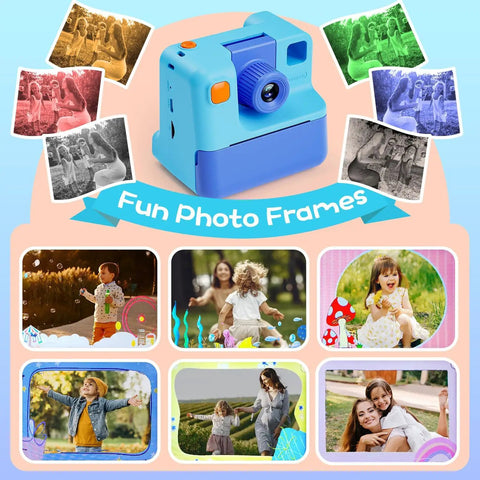Kids Instant Print Camera For Totally Fun Photos Gift For Boys And Girls Ages 3 To 12 FHD Selfie Video Camera with blue body and photo frames