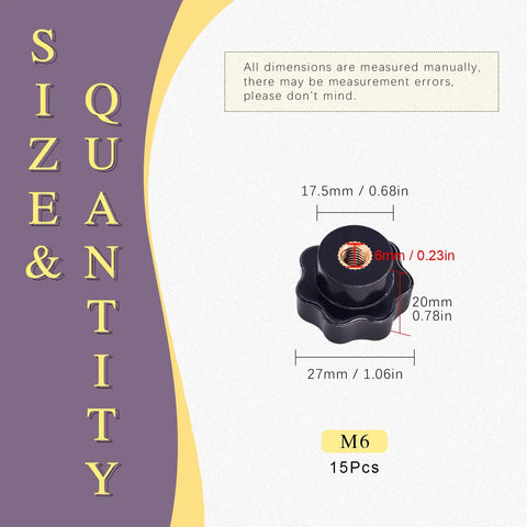 Slick Black M6 Star Knobs With Female Thread And Solid Clamping Grip 15 Piece Essential Set Of Screw On Plastic Handles with size details.