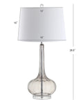 Smoke Gray Glass Teardrop LED Table Lamp, 28.5-Inch Tall with White Linen Shade, side view showing dimensions, Modern Transitional design
