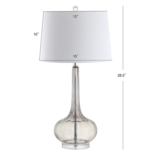 Smoke Gray Glass Teardrop LED Table Lamp, 28.5-Inch Tall with White Linen Shade, side view showing dimensions, Modern Transitional design