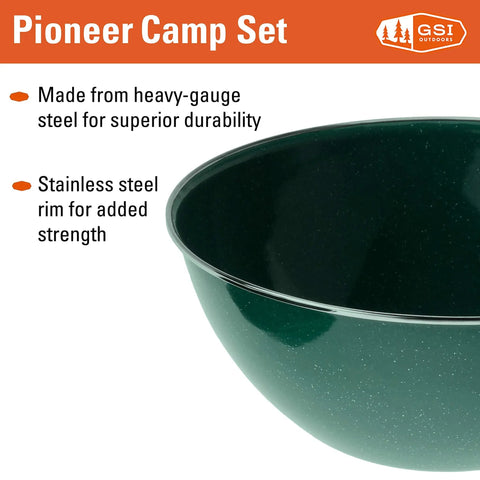 Close-up of green bowl from Four Person Camp Dinnerware Set With Enamel Percolator Frypan Kettle Cups Plates Bowls And Mugs