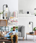 Two Pack Fully Stepless Dimmable Industrial Table Lamps With USB Ports And AC Outlet Seeded Glass Bedside Desk Lamps in living room and bedroom settings.