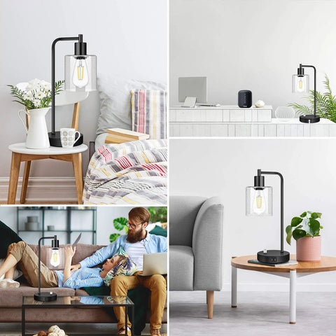 Two Pack Fully Stepless Dimmable Industrial Table Lamps With USB Ports And AC Outlet Seeded Glass Bedside Desk Lamps in living room and bedroom settings.