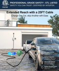 Plug And Go Portable Level 1 And 2 EV Charger With 25 Foot Cord J1772 Connector charging an electric vehicle with a 25ft cable outdoors.