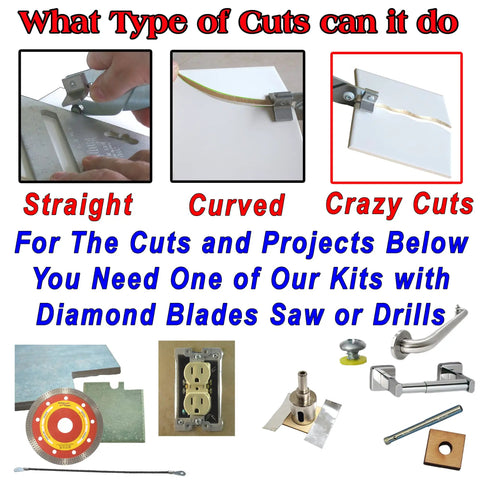 Examples of cuts with Hand Held Ceramic Tile Cutter With Replaceable Carbide Wheel For Curves And Straight Lines Cuts.