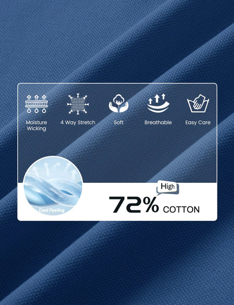 Mens Polo Shirt Cotton Pique Short Sleeve 3 Button Closure, fabric details showing breathable, moisture-wicking 72% cotton