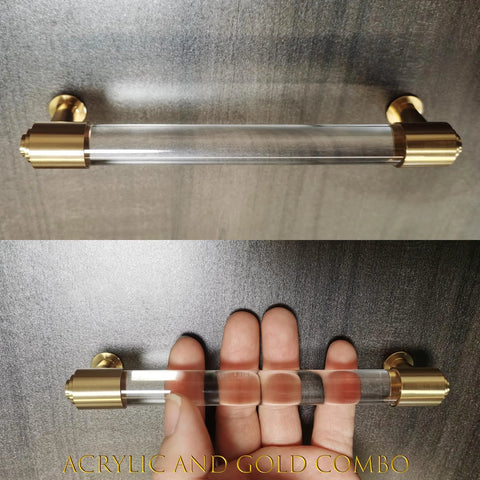 Brass and clear acrylic kitchen cabinet pull handles with gold accents shown in 7-inch style