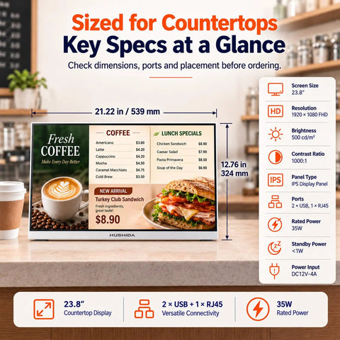 23.8 Inch Countertop Digital Signage Display With Scheduled Power Cycling And Cloud Content Sync For Restaurant Menus And Retail Kiosks showing menu specs and dimensions.
