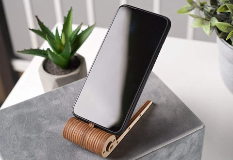 Adjustable Foldable Phone Holder for Smartphones and Tablets, Handcrafted Wooden Desk Stand, compact foldable phone stand with smartphone on desk