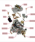 Ford 2100 2150 2 Barrel Carburetor With Electric Choke For 289 302 351 V8 Jeep Engine Mustang Replacement Motorcraft Autolite 2100 2150 Carburetor Beefed Up Performance exploded view with gasket, float, jet, and throttle lever