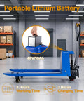 Heavy Duty Electric Pallet Jack With 3,300 Lbs Capacity And 48V Lithium Battery For Smooth Warehouse Haulin', showcasing portable lithium battery details.