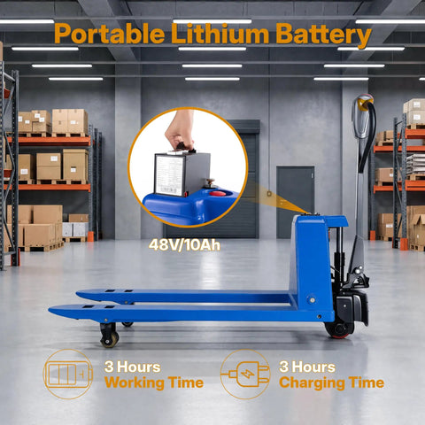 Heavy Duty Electric Pallet Jack With 3,300 Lbs Capacity And 48V Lithium Battery For Smooth Warehouse Haulin', showcasing portable lithium battery details.