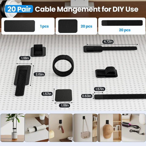 Under Desk Cable Management Kit With 20 Pairs Of 120x40mm Hook And Loop Ties Adjustable Organizer And Cable Hider Clips No More Cable Chaos In Your Home Office components displayed on white surface.