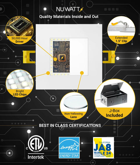 Six Inch Square Ultra Thin LED Recessed Light With Five Color Temperatures To Pick From 2700K 3000K 3500K 4000K 5000K Dimmable 1050 Lumens White Canless Slim Wafer IC Rated Metal J Box with certifications and features