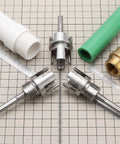 Heavy Duty 3 Pc Pipe Threader Kit For Cutting Internal External Threads On 1.2 And 1 Inch Pvc Pipes showing thread cutting bits and PVC pipes.