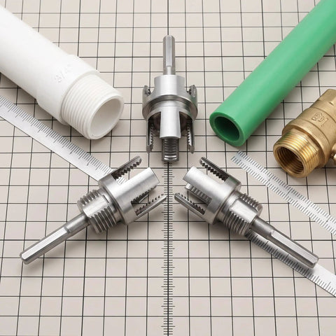 Heavy Duty 3 Pc Pipe Threader Kit For Cutting Internal External Threads On 1.2 And 1 Inch Pvc Pipes showing thread cutting bits and PVC pipes.