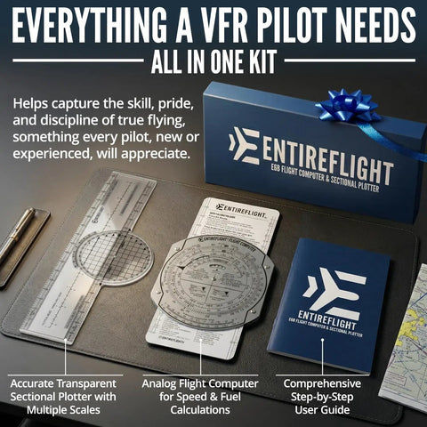 E6B Flight Computer And Aviation Plotter For Pilots with sectional plotter, calculator, guide, and box displayed on desk.