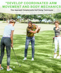 Three golfers practicing with The Connector Golf Training Aid For Posture Correction And Swing Mechanics on a grassy course.