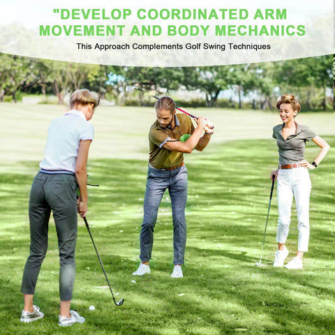 Three golfers practicing with The Connector Golf Training Aid For Posture Correction And Swing Mechanics on a grassy course.
