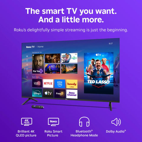 55 Inch QLED Smart TV With Sharp 4K Resolution And Rich HDR10 Colors Plus Slick Built In Apps For Smooth Streaming and Crisp Picture Tuning showing Roku interface and streaming options.