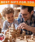 Basswood craft blocks; father and child build a wooden castle together on a table