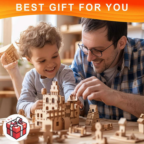 Basswood craft blocks; father and child build a wooden castle together on a table