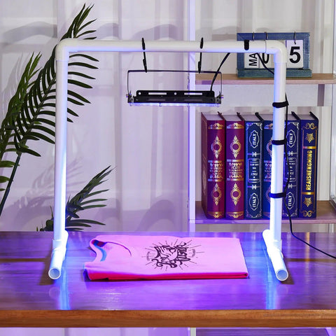 50W LED UV Screen Printing Exposure Light Kit With PVC Lamp Stand, Two S Shaped Hooks, And Six Cable Ties on a table