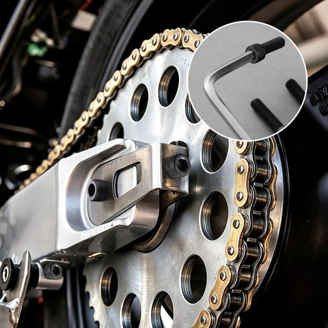 Top Shelf Heavy Duty M6 X 10mm Hex Socket Head Cap Screw Pack 60 Pieces 12.9 Grade Alloy Steel With Black Oxide Coating And Allen Key Full Thread Machine Fasteners in motorcycle chain assembly close-up.