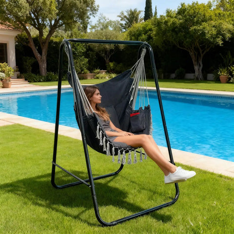 Heavy Duty Hammock Chair With Stand For Indoor Outdoor Use Triangular Support Frame 500 Lbs Weight Capacity Includes Two Cushions