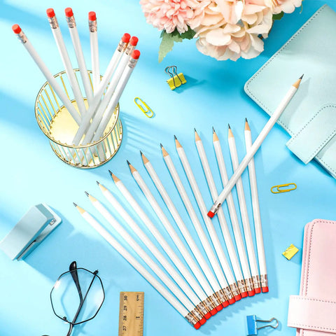 24 Pieces Round Pencils With Erasers HB Graphite Wood Pencils For School, Drawing And Sketching, Office Supplies, displayed on desk