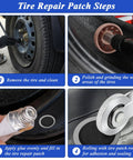 Steps showing the No Sweat Tire Patch Kit With Thirty Durable Rubber Patches Precision Rolling Buffer And Scraper Tool in use for tire repair.
