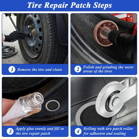 Steps showing the No Sweat Tire Patch Kit With Thirty Durable Rubber Patches Precision Rolling Buffer And Scraper Tool in use for tire repair.