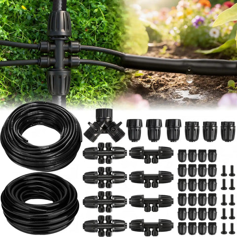 132Ft Drip Irrigation Kit With 1/2 Inch Tubing And 1/4 Inch Dripline, quick fittings, setup for gardens and raised beds