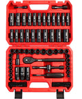 Garage-Grade Do-It-All 96 Piece Three Eighths Inch Drive Impact Socket Set With Wrench And Bits For Auto Repair SAE Five Sixteenths To Three Quarters Inch And Metric Eight To Twenty Two mm Standard And Deep Sockets Ratchet Spark Plug Socket visible in red case
