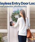 Woman using Keyless Entry Door Lock With Fingerprint And Passcode, Electronic Deadbolt For Front Door, installed on home entrance.