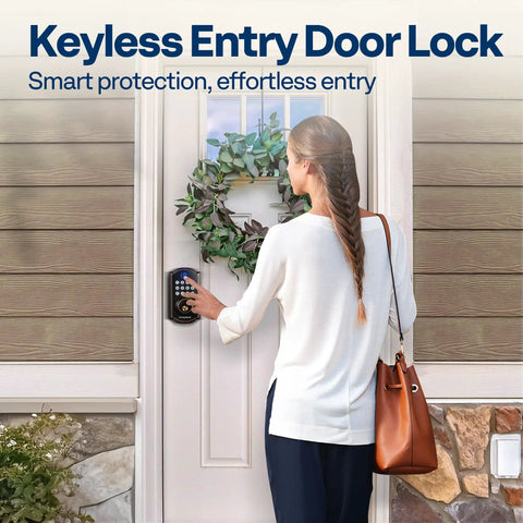 Woman using Keyless Entry Door Lock With Fingerprint And Passcode, Electronic Deadbolt For Front Door, installed on home entrance.