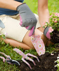 Flower Pattern Aluminum Garden Tool Set With Gloves In Pink Gift Box Three Essential Hand Tools Trowel Rake Pruner In Use