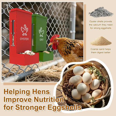 Heavy Duty Metal Chicken Feeder And Oyster Shell Dispenser, red and green dual hoppers for poultry nutrition, coop accessory