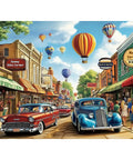 Vintage Main Street Jigsaw Puzzle For Adults With Classic Cars And Hot Air Balloons, Nostalgic Retro Streetscape, 500 Pieces